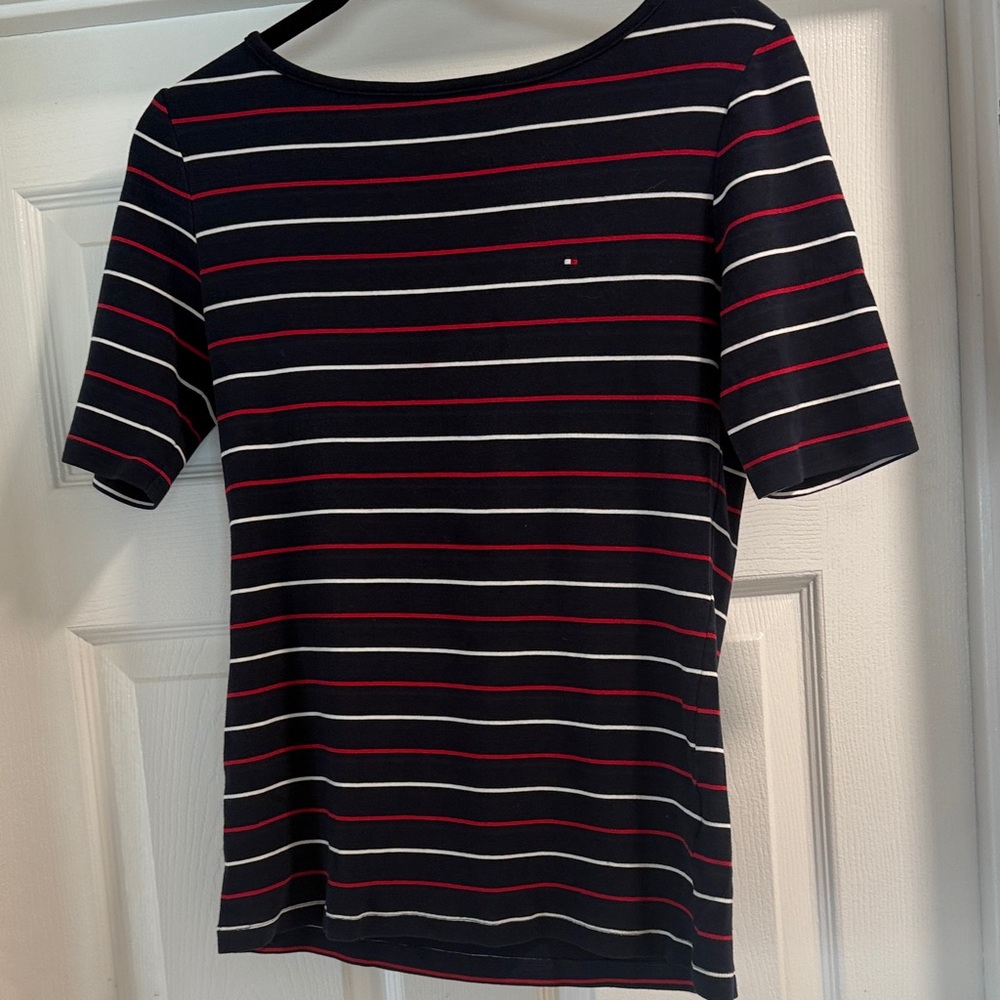 Tommy Hilfiger Women's Short Sleeve Navy Tee with Red and White Stripes